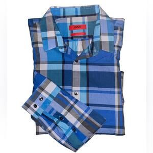 Hugo Boss Slim Fit Blue Plaid Button Shirt size Medium